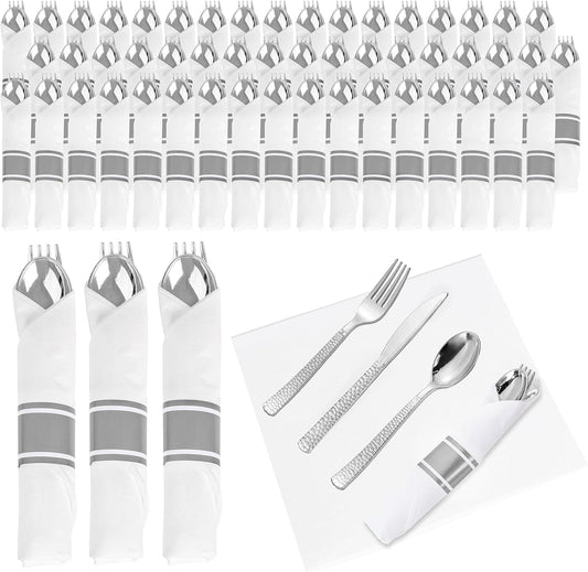 WELLIFE 400PCS Silver Plastic Silverware, Pre Rolled Silverware Set Disposable,Plastic Cutlery Includes: 100 Forks, 100 Knives, 100 Spoons, 100 Napkins, Cutlery Set Disposable