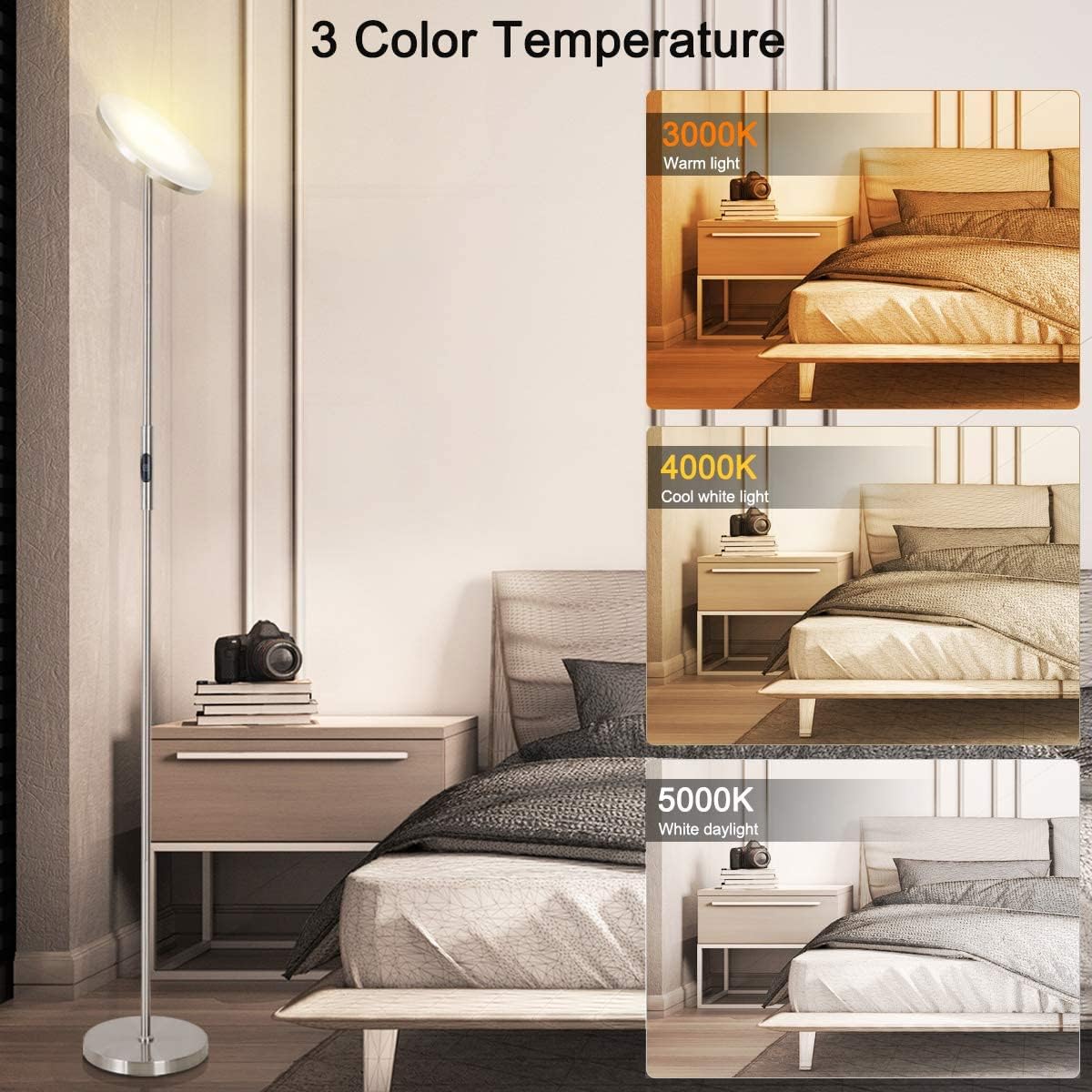 Floor Lamp,30W/2400LM Sky LED Modern Torchiere 3 Color Temperatures Super Bright Floor Lamps-Tall Standing Pole Light with Remote & Touch Control for Living Room,Bed Room,Office (Brushed Nickel)