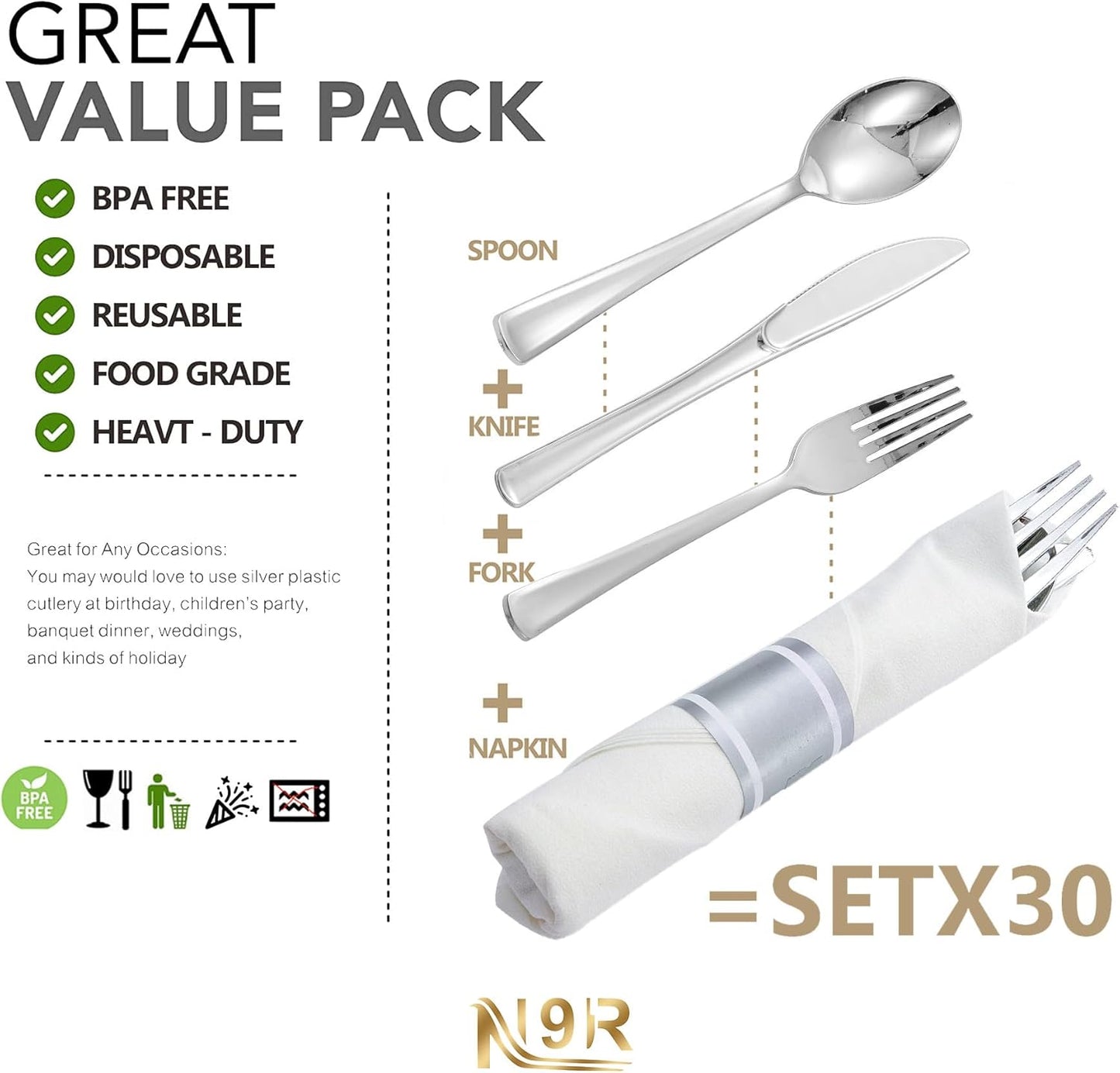 N9R 30 Pack Pre Rolled Silver Plastic Cutlery Set, Wrapped Plastic Silverware Set with 30 Forks, 30 Knives, 30 Spoons and 30 Napkins, Disposable Cutlery Set for Party and Wedding
