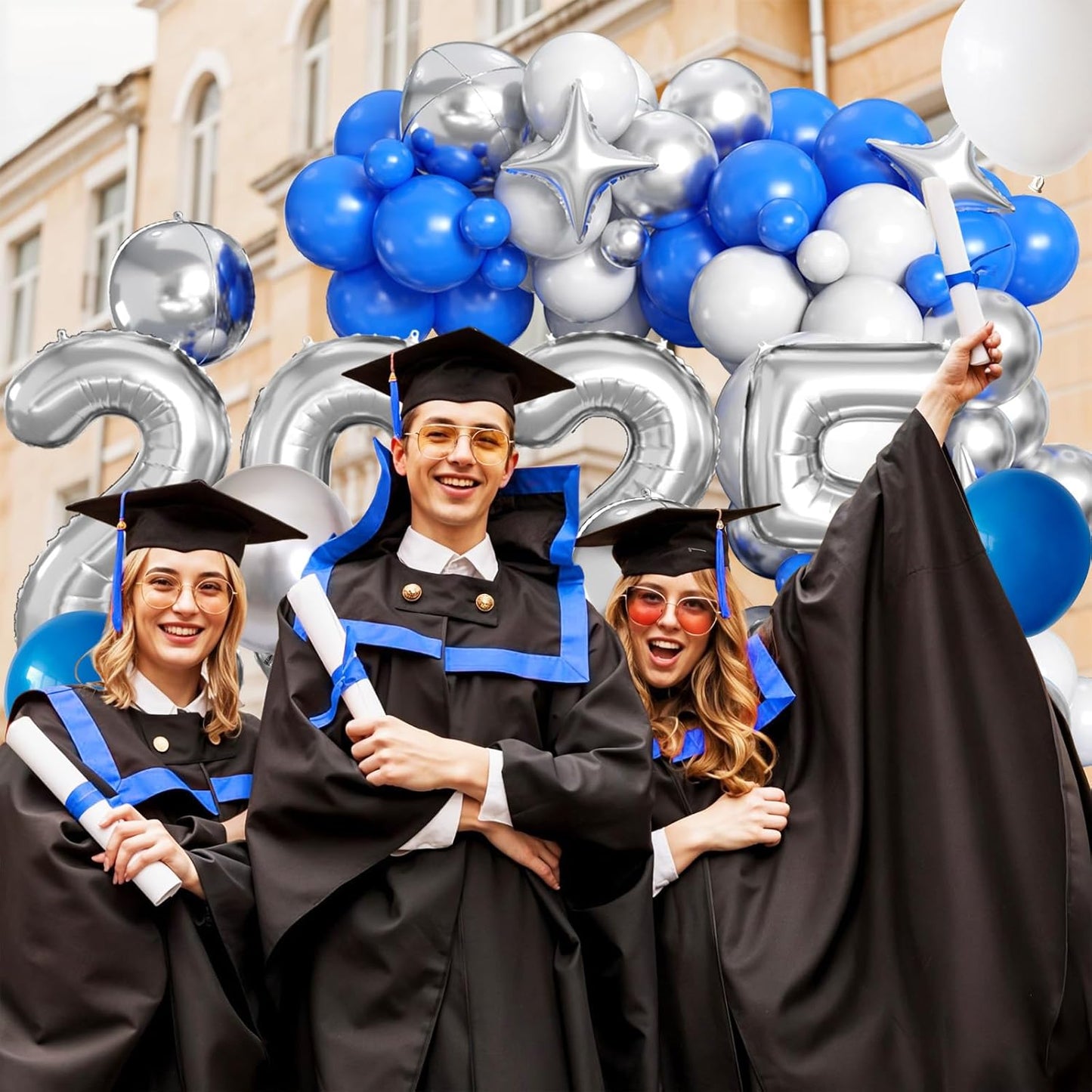 Blue Silver White Balloons Arch Kit with Explosion Star 4D Silver Foil Balloon Royal Blue White Metallic Balloons Garland for Blue 2025 Graduation Decoration Birthday Baby Shower Party