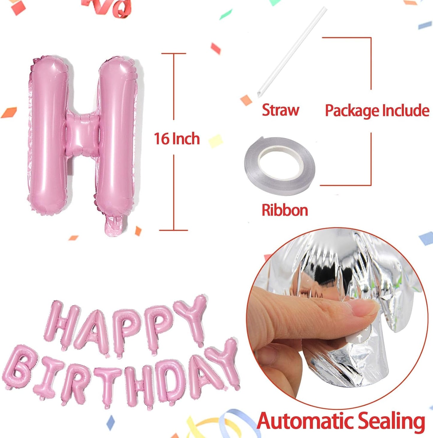 KALOR Pink Happy Birthday Balloons Banner, 16 Inch Mylar Foil Letters Balloon Sign for Women, Men, Boys & Girls Kids Birthday Decorations Photo Backdrop
