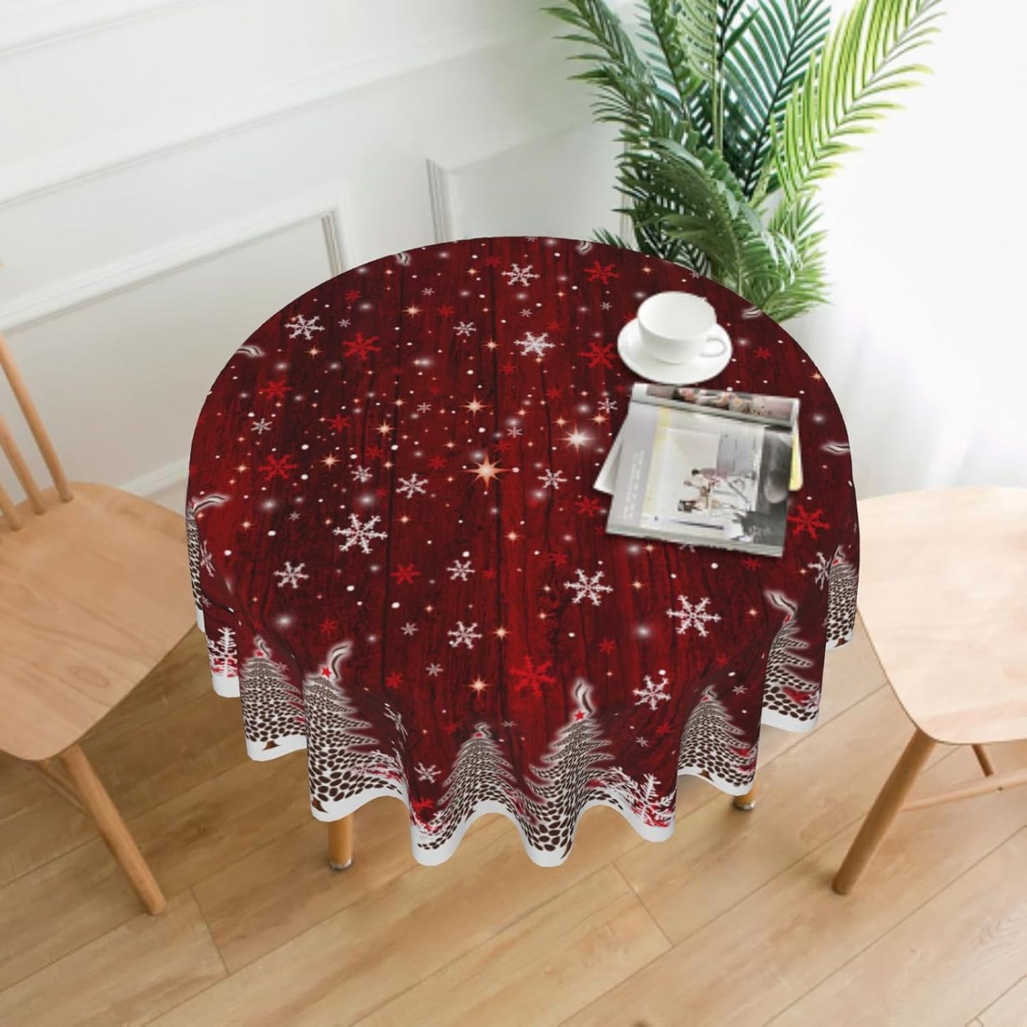 Giwawa Christmas Round Tablecloth for Kitchen Dining, 60Inch Red White Xmas Trees Wood Board Table Cloth, Winter Snowflakes Fabric Non-Slip Table Cover for Holiday New Year Picnic Decor