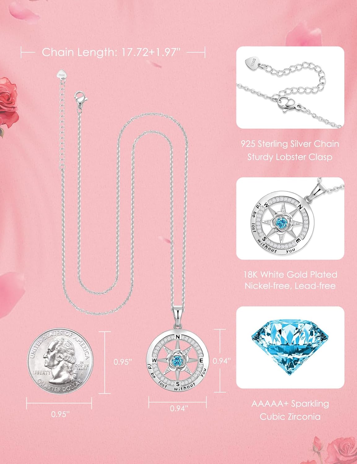 Silver Compass Necklace for Women Birthday Gifts for Wife Anniversary Necklace for Women Rose Flower Birthstone Necklaces for Wife Jewelry for Womens Girlfriend Mom Daughter