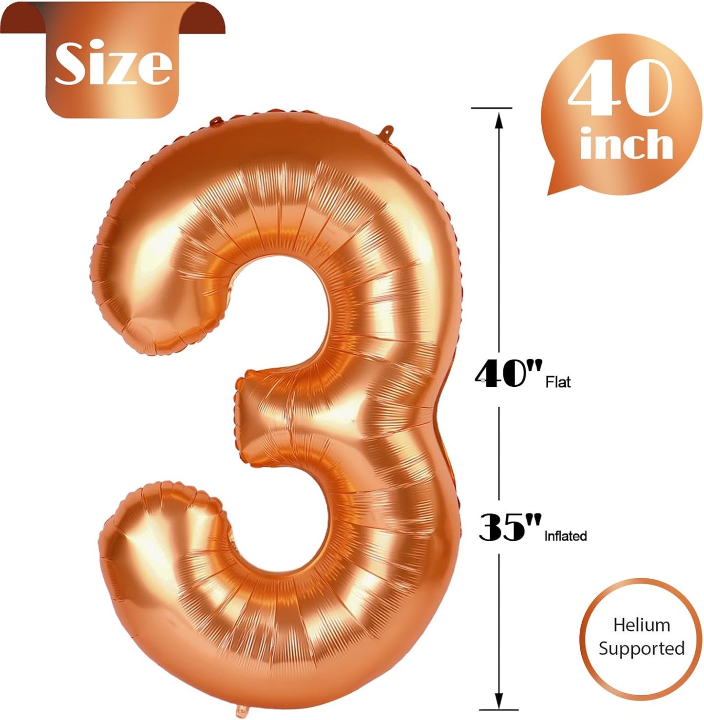 Orange 3 Balloon, Number Balloon 40 Inch, 3rd Three Year Old Birthday Deco, Orange Party Supplies for Party Decorations, Number 3 Balloon