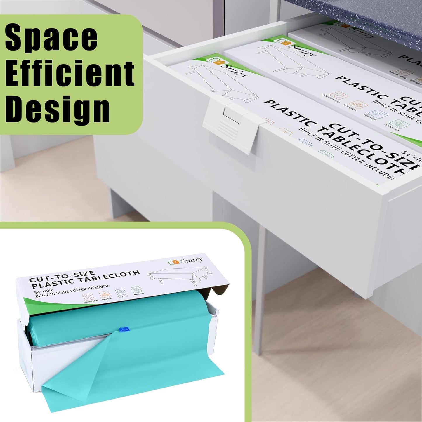 Smiry 54 Inch x 300 Feet Disposable Table Cover Roll, Teal Plastic Table Cloth in Cut-to-Size Box with Slide Cutter, Waterproof Rectangle Tablecloths for Weddings, Banquets, Outdoor