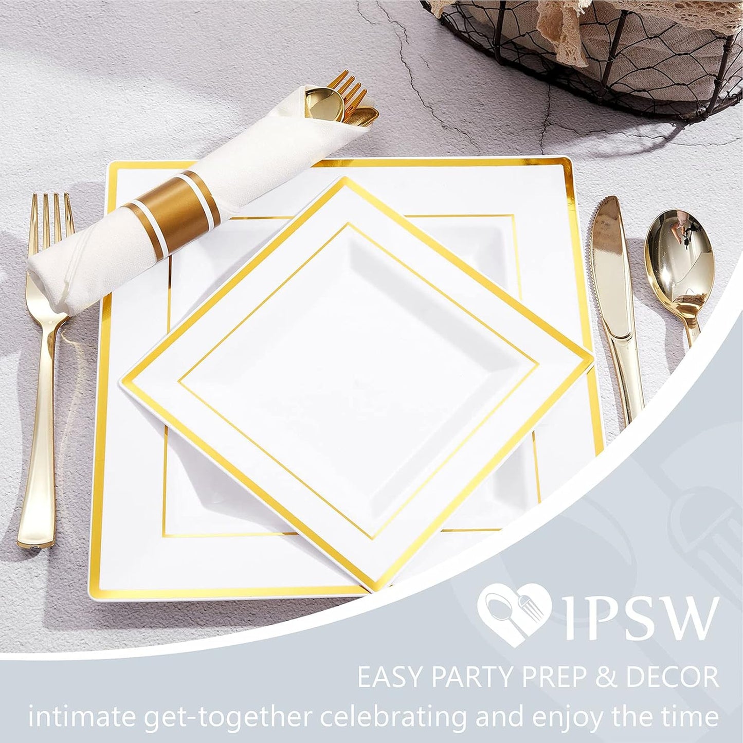 Square Plastic Plates&Silverware w/Per-Rolled Napkin Set,Parties Plastic Dinnerware incl Dinner Plates,Salad Plate,Napkins,Disposable Cutlery, 20Guests