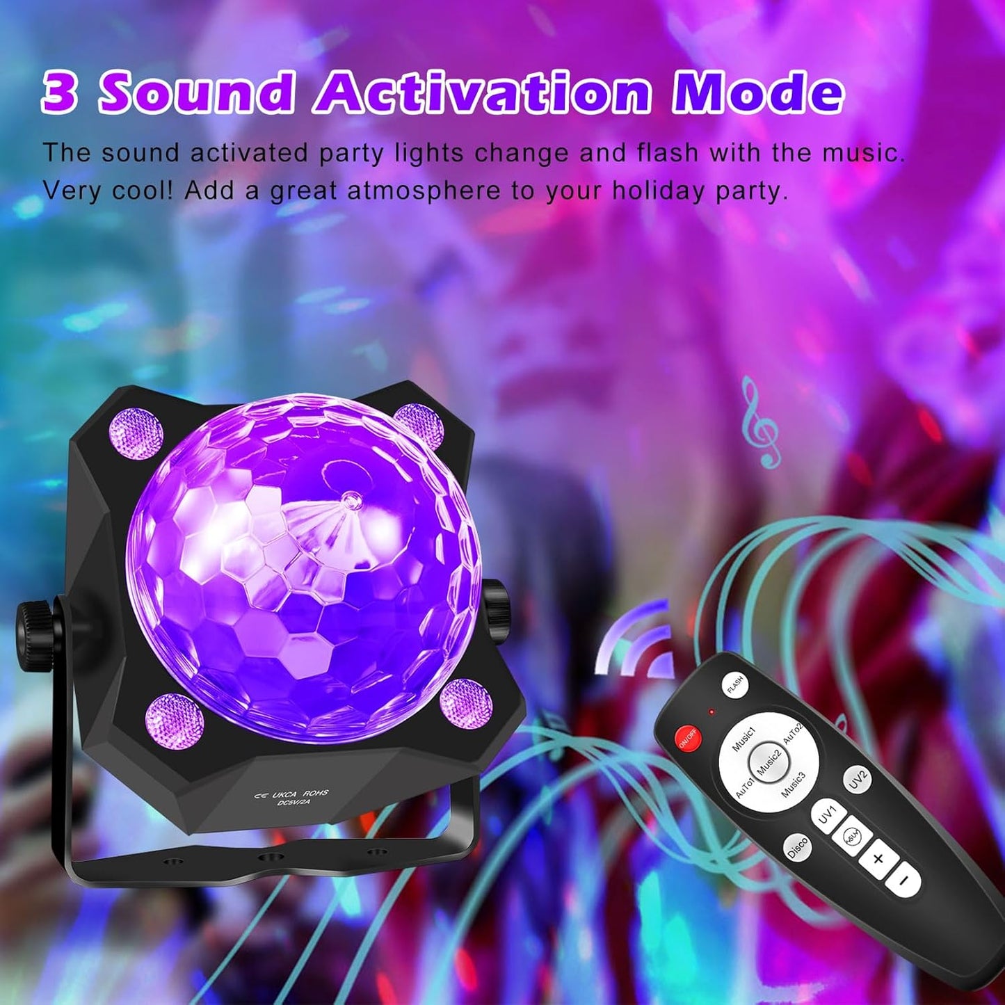 2 in 1 Glow Party Black Light Disco Ball Light with Sound Activated Strobe Dj Party Lights Black Lights, for Halloween Christmas Birthday Decor Classroom Room Family Party Decor