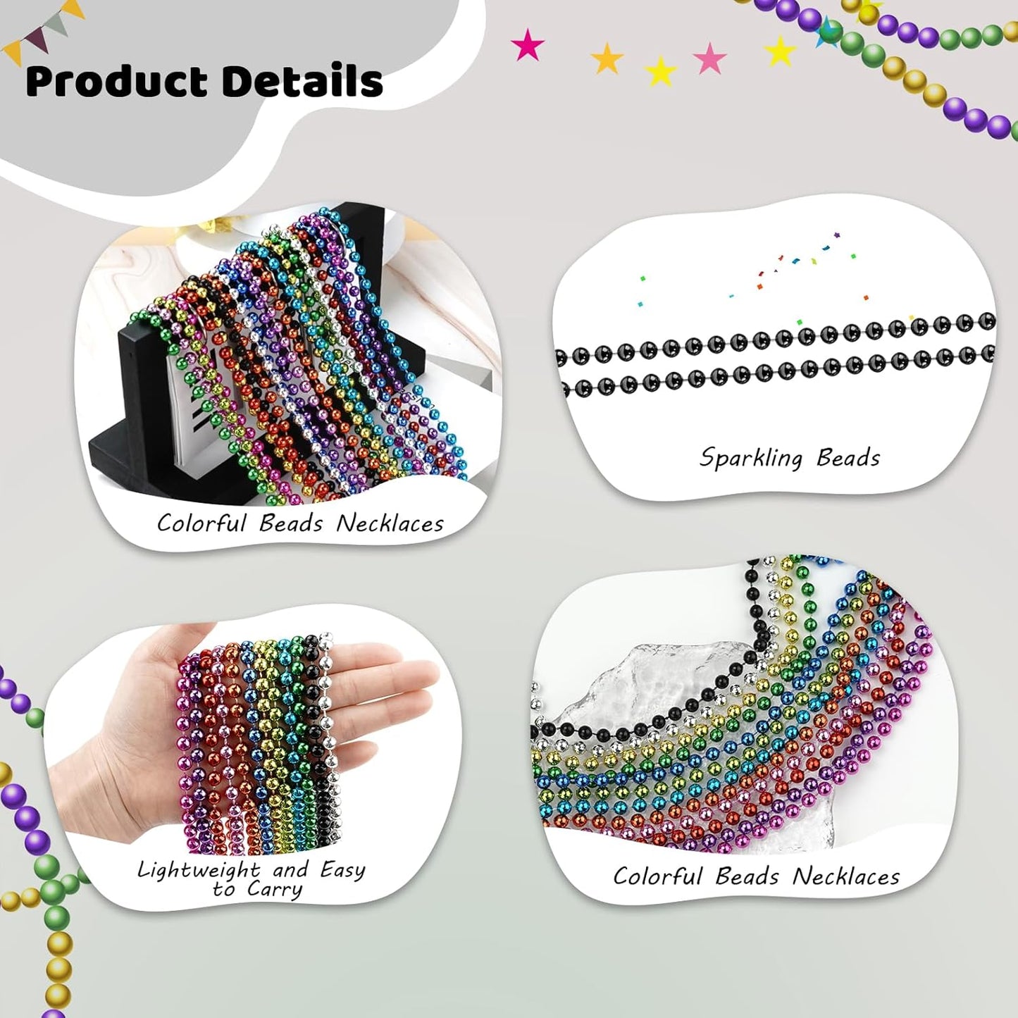 50 PCS Black Bead Necklaces, Black Mardi Gras Beads, New Year Eve Necklaces, 33 Inch Round Halloween Beaded Necklace, Party Beads for Mardi Gras, Christmas, Halloween, New Year Party Favors