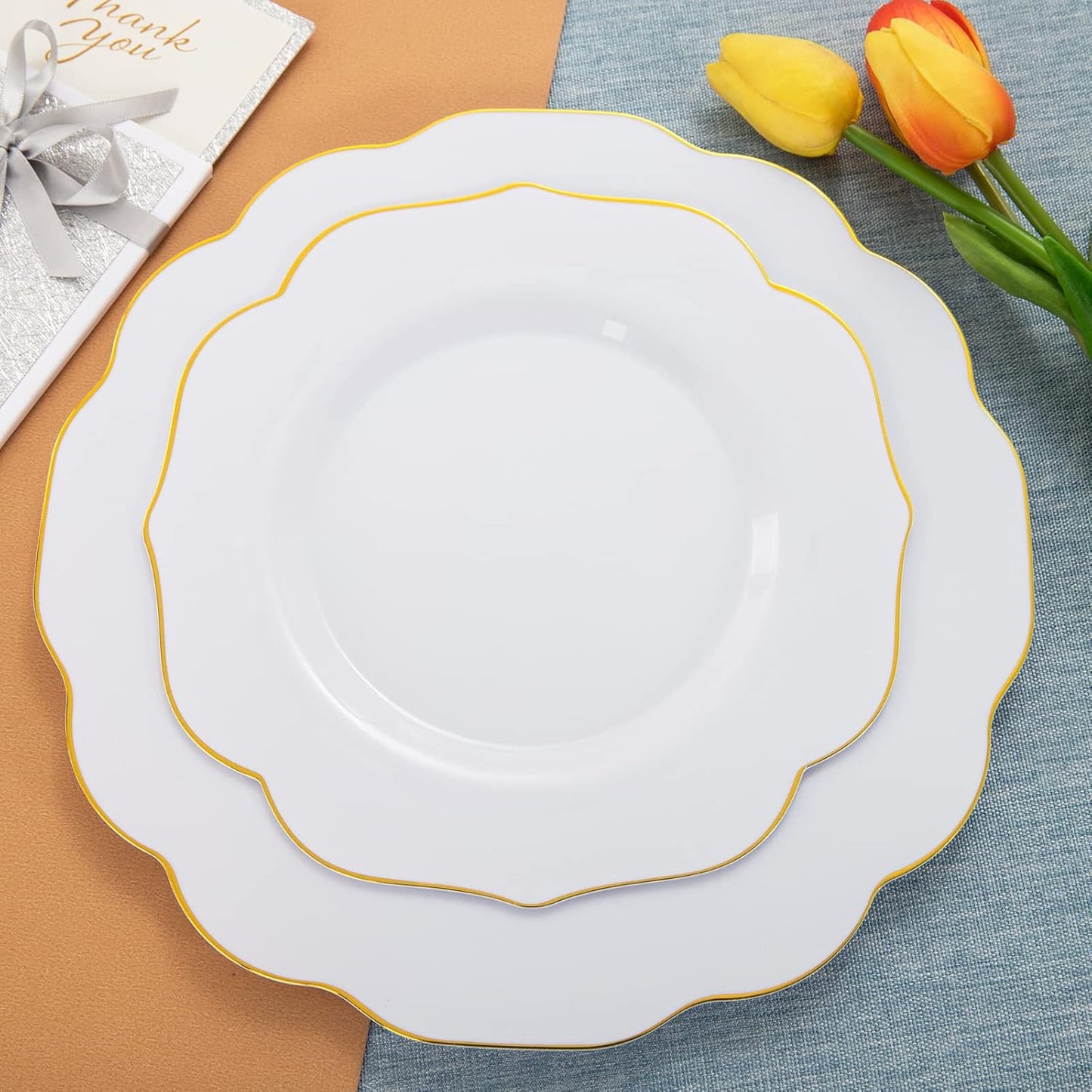 NOCCUR 120PCS Gold Plastic Plates Disposable for 60 Guests - Include 60 Dinner / 60 Dessert Plates Heavy Duty for Fall Party&Thanksgiving