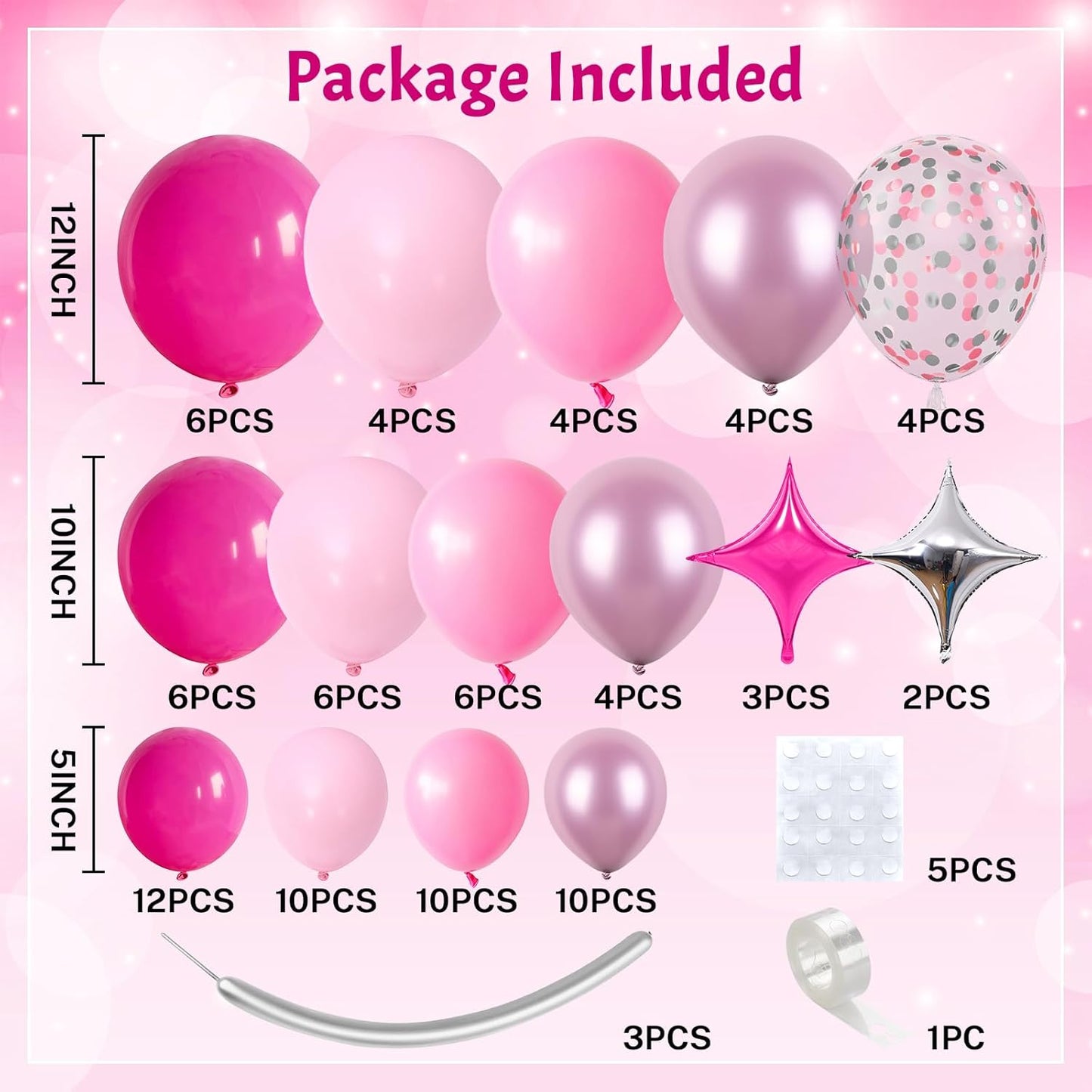 Hot Pink Balloons Garland Arch Kit, Metallic Chrome Magenta Balloon Happy Birthday Decorations Baby Dark Pink Silver Star Confetti Balloons for Girls Birthday Princess Wedding Baby Shower Party Decor