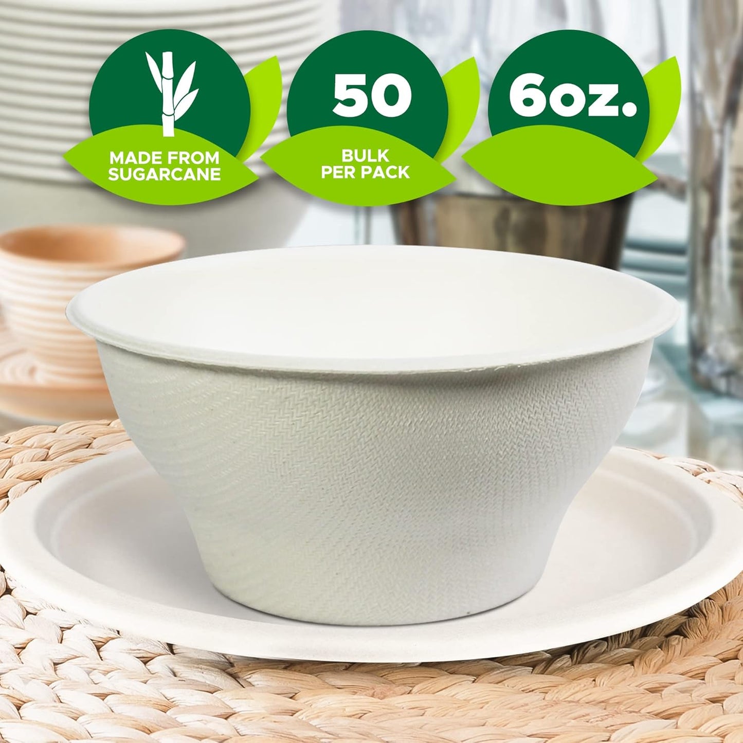 PAMI Biodegradable Sugarcane Bowls, Pack of 50 - 6oz Compostable Microwavable Paper Bowls for Hot & Cold Uses