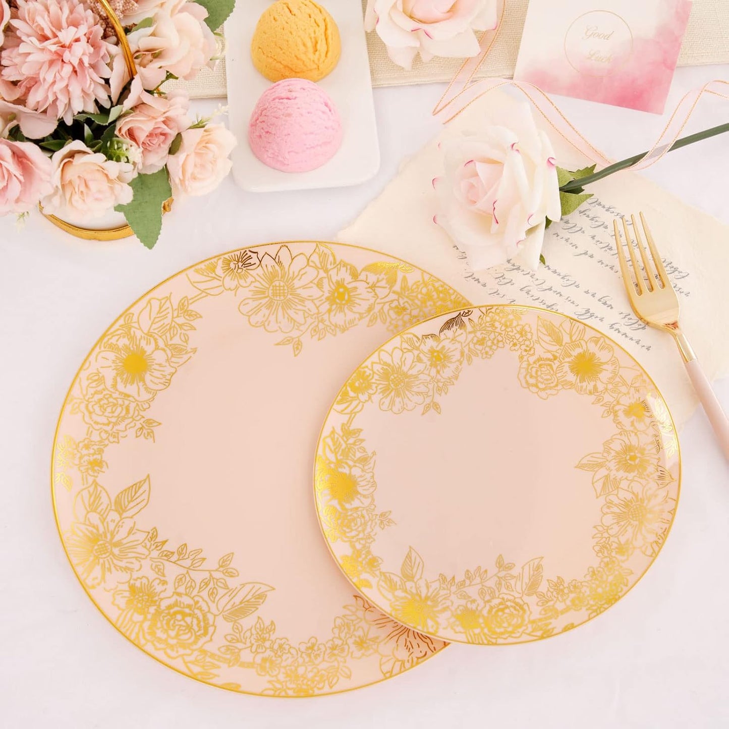 LIYH 60 Pcs Pink and Gold Plastic Plates - Disposable Pink Party Plates, Dessert & Dinner Plate, Baby Shower Bridal Shower Floral Fairy Plate for Birthday Tea Party