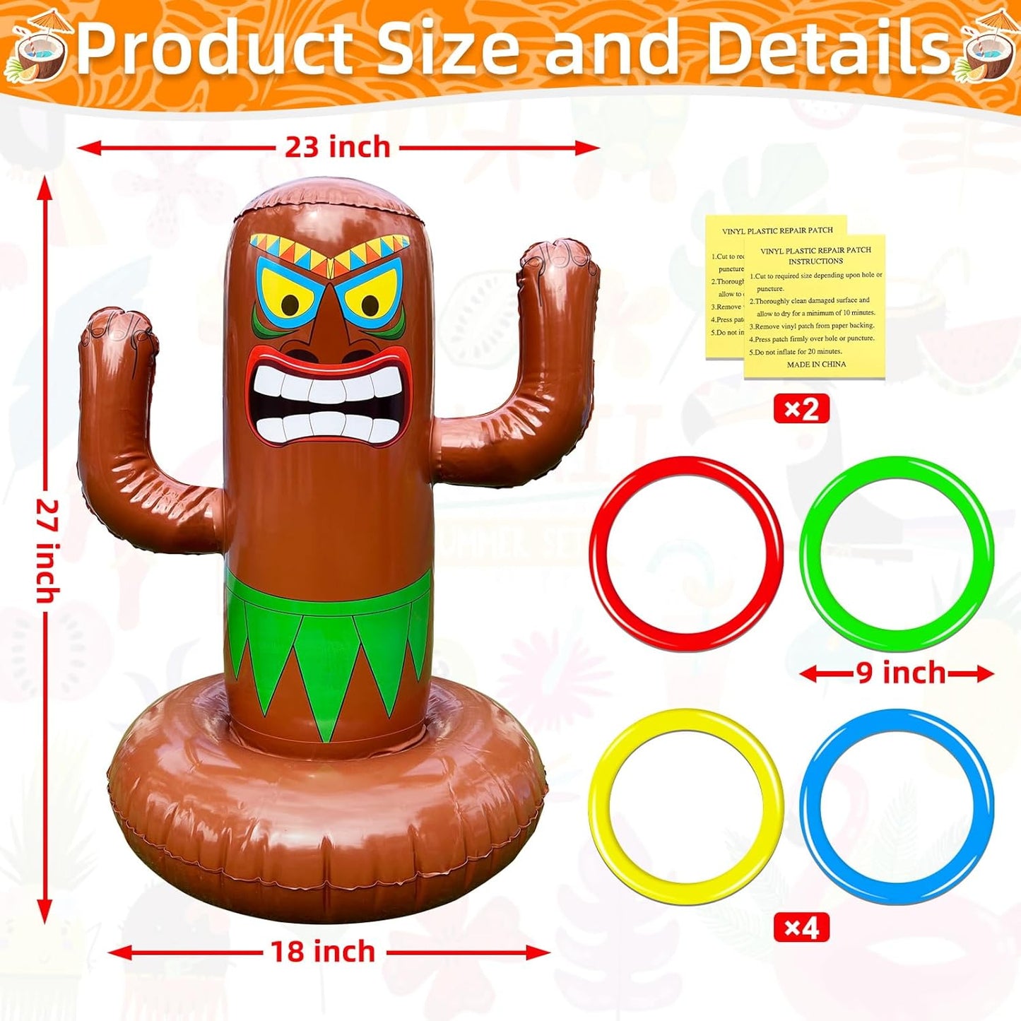 25" Inflatable Luau Tiki Pool Toss Games, Tiki Pool Ring Toss Toys with 4 Rings for Adults Indoor Outdoor Tropical Summer Swimming Inflatable Bean Bags Toss Hawaiian Luau Party Supplies
