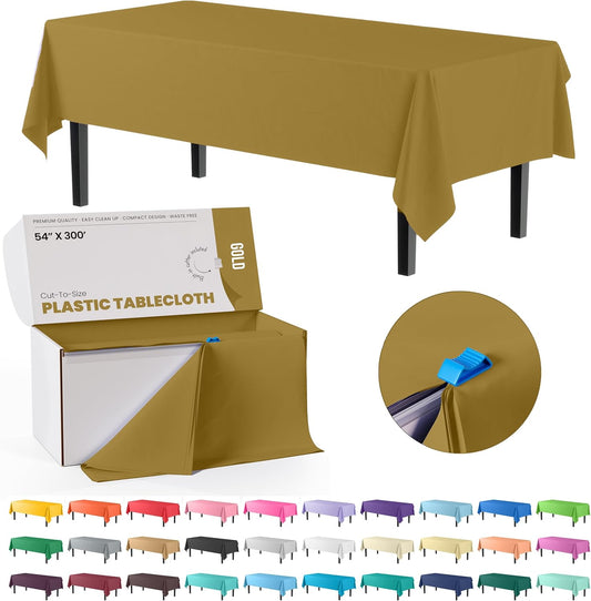 Party Solids 54 Inch X 300 Feet Gold Plastic Table Cover Roll in A Cut - to - Size Box with Convenient Slide Cutter. Cuts Up to 36 Rectangle 8 Feet Plastic Disposable Tablecloths