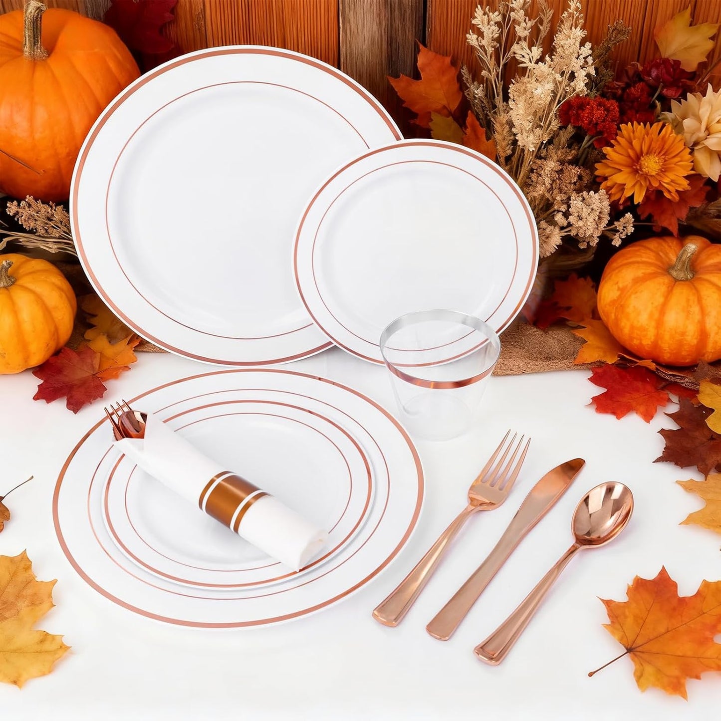 WELLIFE 350Pcs Rose Gold Plastic Plates for 50 Guests - Plastic Dinnerware Set,Party Supplies Includes 100 Rose Gold plates,150 Silverware,50 Napkins,50 Cups for Party and Thanksgiving