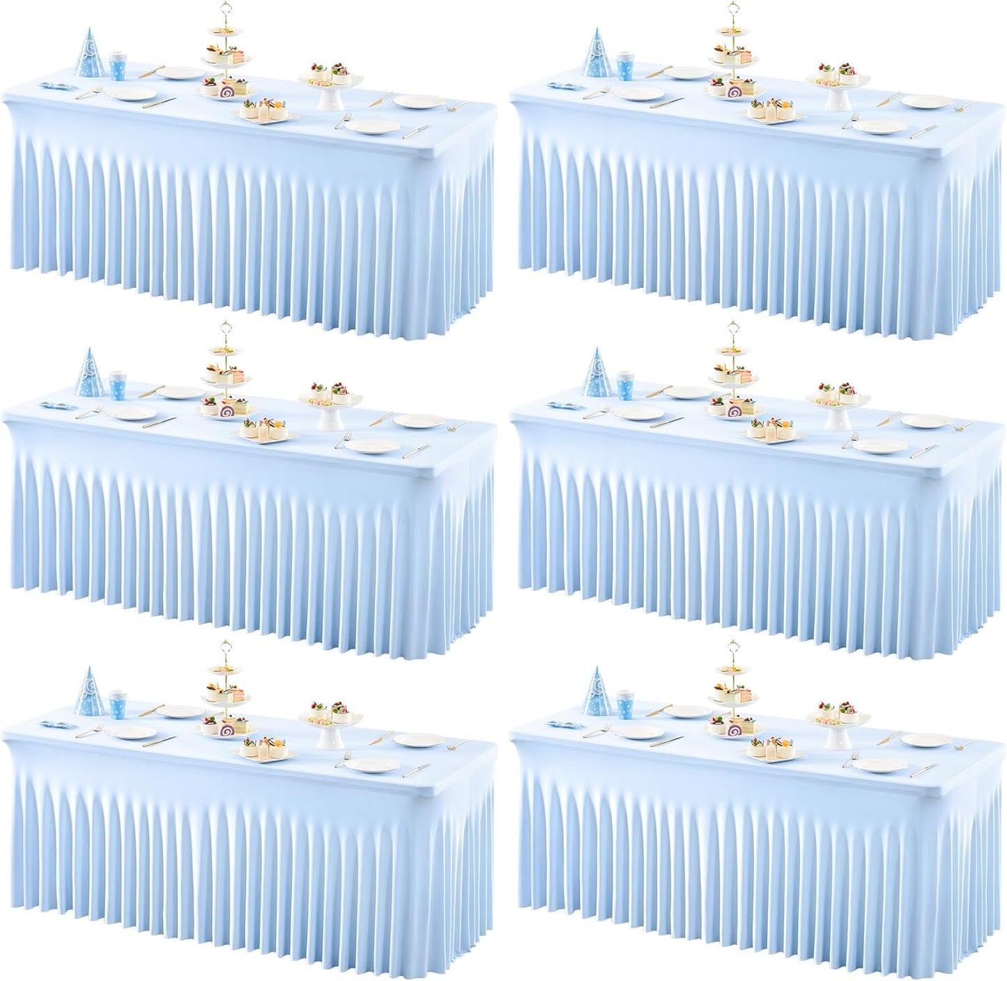 6 Packs Baby Blue Table Clothes for 8 Foot Rectangle Tables, One-Piece Wrinkle Resistant Stretch Spandex Table Covers with Skirt for Event Banquet Wedding Birthday Party