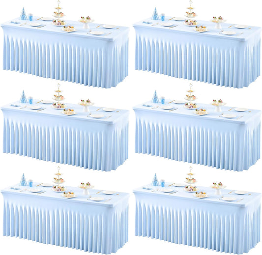 6 Packs Baby Blue Table Clothes for 6 Foot Rectangle Tables, One-Piece Wrinkle Resistant Stretch Spandex Table Covers with Skirt for Event Banquet Wedding Birthday Party