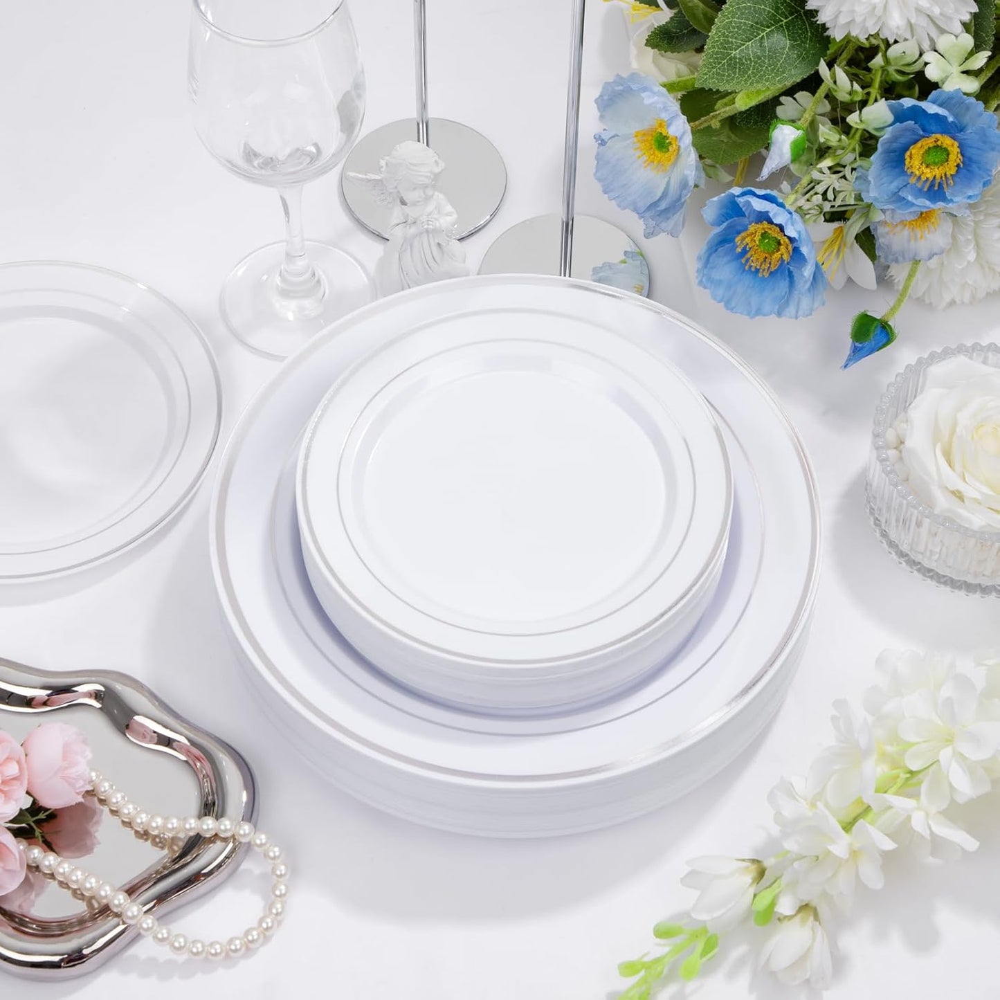 Supernal 102pcs White and Silver Plastic Plates Disaposable Party Plates White Silver Rim Heavy Duty Fancy Silver Plastic Dinnerware Set included 51 Dinner & Dessert Plates for Birthday and Wedding