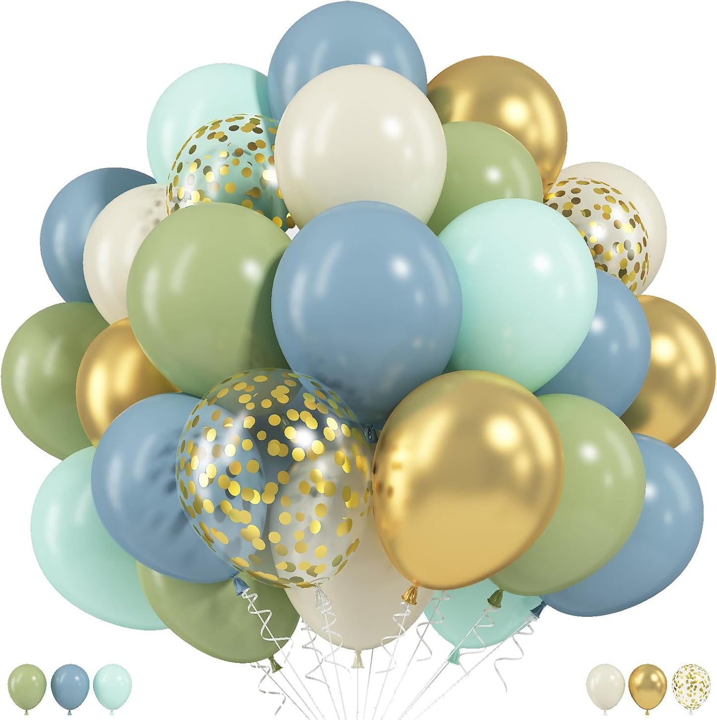 Dusty Sage Green Blue Balloons, 60 PCS Olive Green Slate Blue Beige Balloons with Metallic Gold Confetti Balloons, 12 Inch Latex Balloon Set for Boho Birthday Wedding Bridal Shower Party Decorations