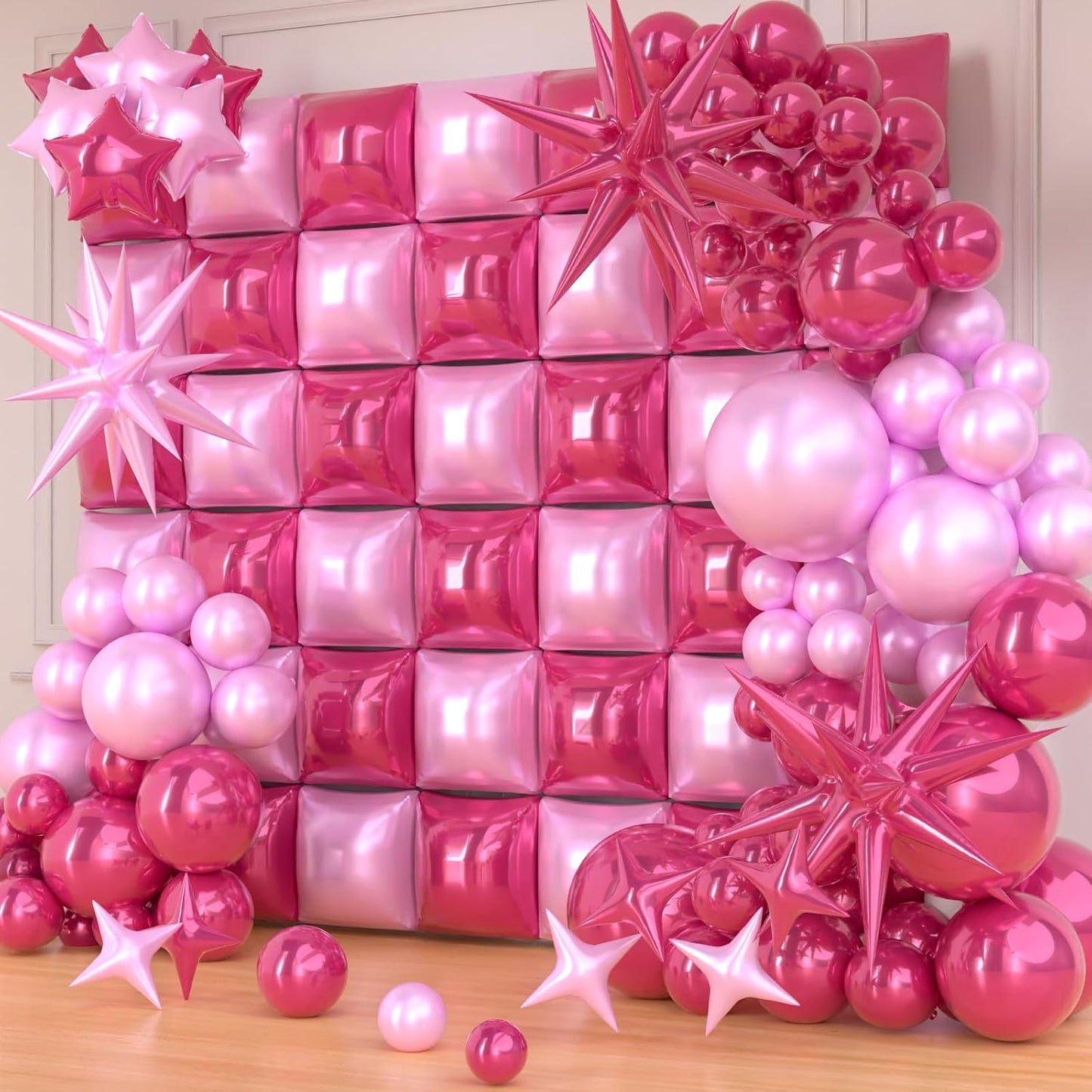 155pcs Breast Cancer Awareness Balloon Arch Kit, Hot Pink and Pink Balloon, 36pcs Square Foil Balloons Wall Backdrop for Anniversary Bachelorette Birthday Valentines Party Decorations