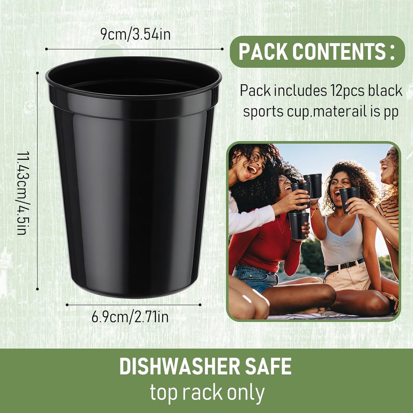 Yungyan 12 Pack 16oz Stadium Cups Reusable Plastic Cups Blank Drink Tumblers for Parties, Events, DIY Projects, 4.5 x 3.54 x 2.72 Inch (Black)