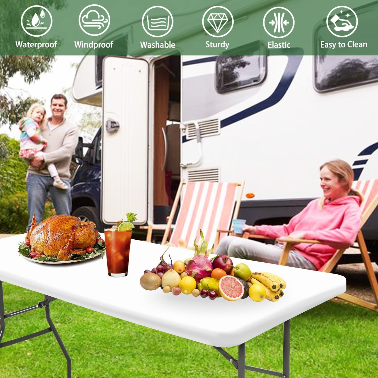 6 Pack Picnic Table Cover Fitted Tablecloths 6 Foot Rectangle Tables Elastic Waterproof Stretch Washable Patio Folding Outdoor Spandex Table Cloth for Camping Banquet and Parties (White,30" x 72")