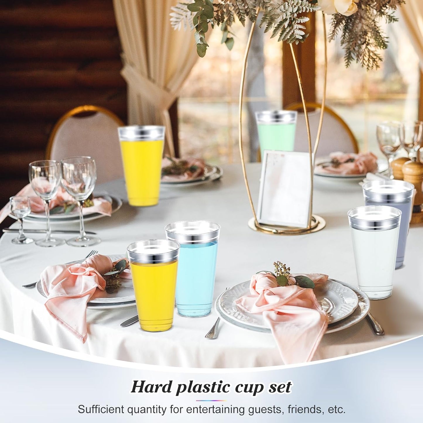 Sliner 50 Pcs Hard Plastic Cups Double Rimmed Plastic Cups Heavy Duty Fancy Disposable Wine Glasses for Holiday Wedding Graduation Birthdays Christmas Valentine Parties(16 Oz,Silver)