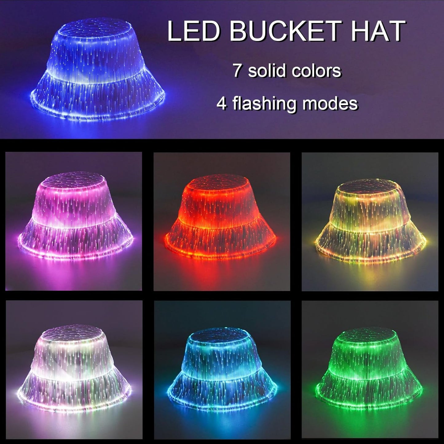 LED Rave Bucket Hat Light up Fisherman Cap 7 Colors Glow in the Dark Party Hats USB Rechargeable EDM Festival Gear