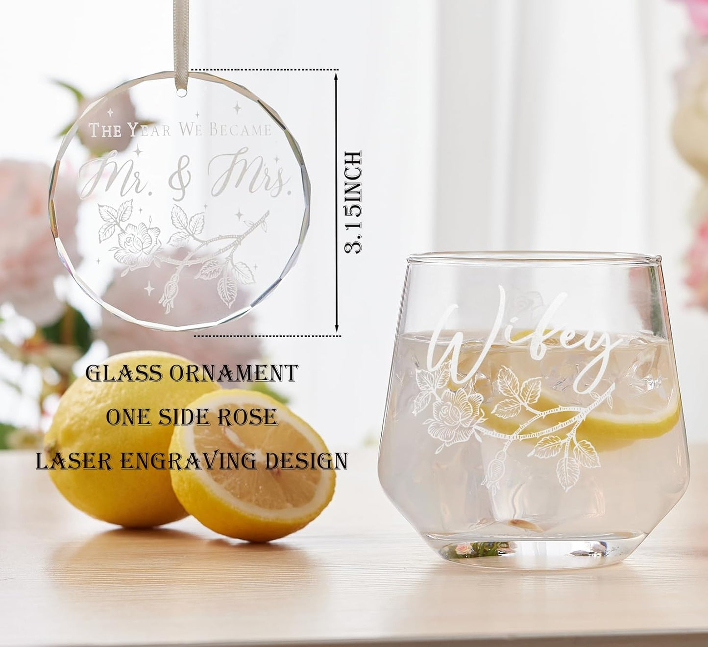 Laser engraving Wedding Gifts for Couples – His and Hers Whiskey & Wine Glasses with Glass Ornament | Perfect Bridal Shower, Engagement Gifts for Hubby and Wifey