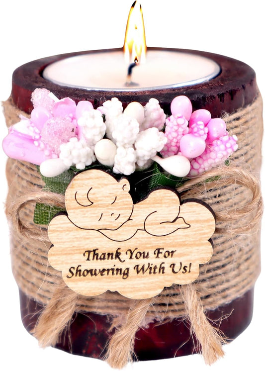 HTF Pack of 10 Baby Shower Decorations Wood Tealight Candle Holder, Baby Shower Gifts, Baby Shower Wood Candle Holders (Baby Shower-Pink, Dark Brown)