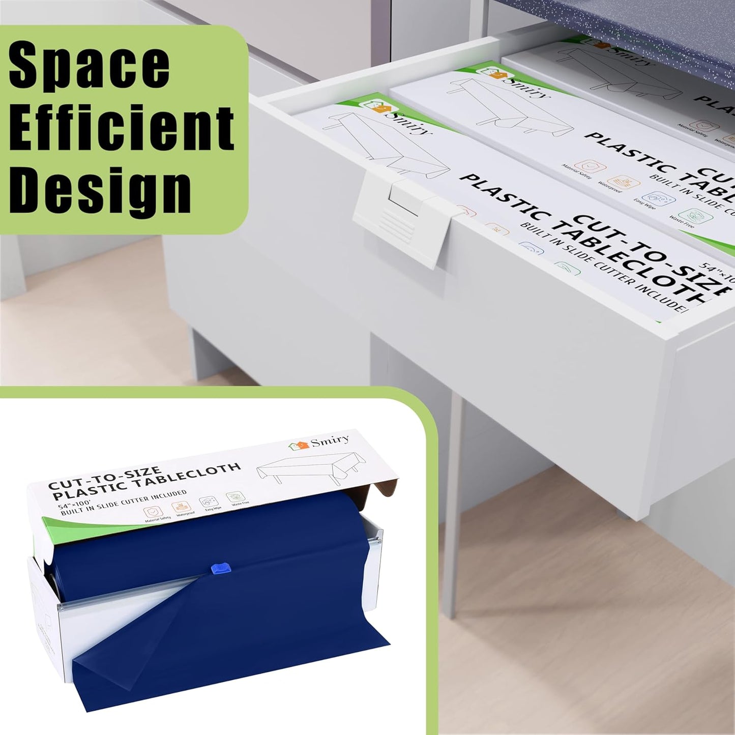 Smiry 54 Inch x 300 Feet Disposable Table Cover Roll, Navy Plastic Table Cloth in Cut-to-Size Box with Slide Cutter, Waterproof Rectangle Tablecloths for Weddings, Banquets, Outdoor