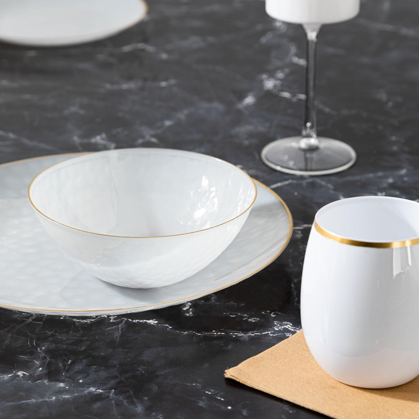 PLASTICPRO 30 Pack 12 Ounce Hammered Plastic Bowls Translucent White with Gold Rim Heavyweight Disposable Plastic Soup Bowls Elegant Translucent Hammered Gold Rim Platsic Party Dishes