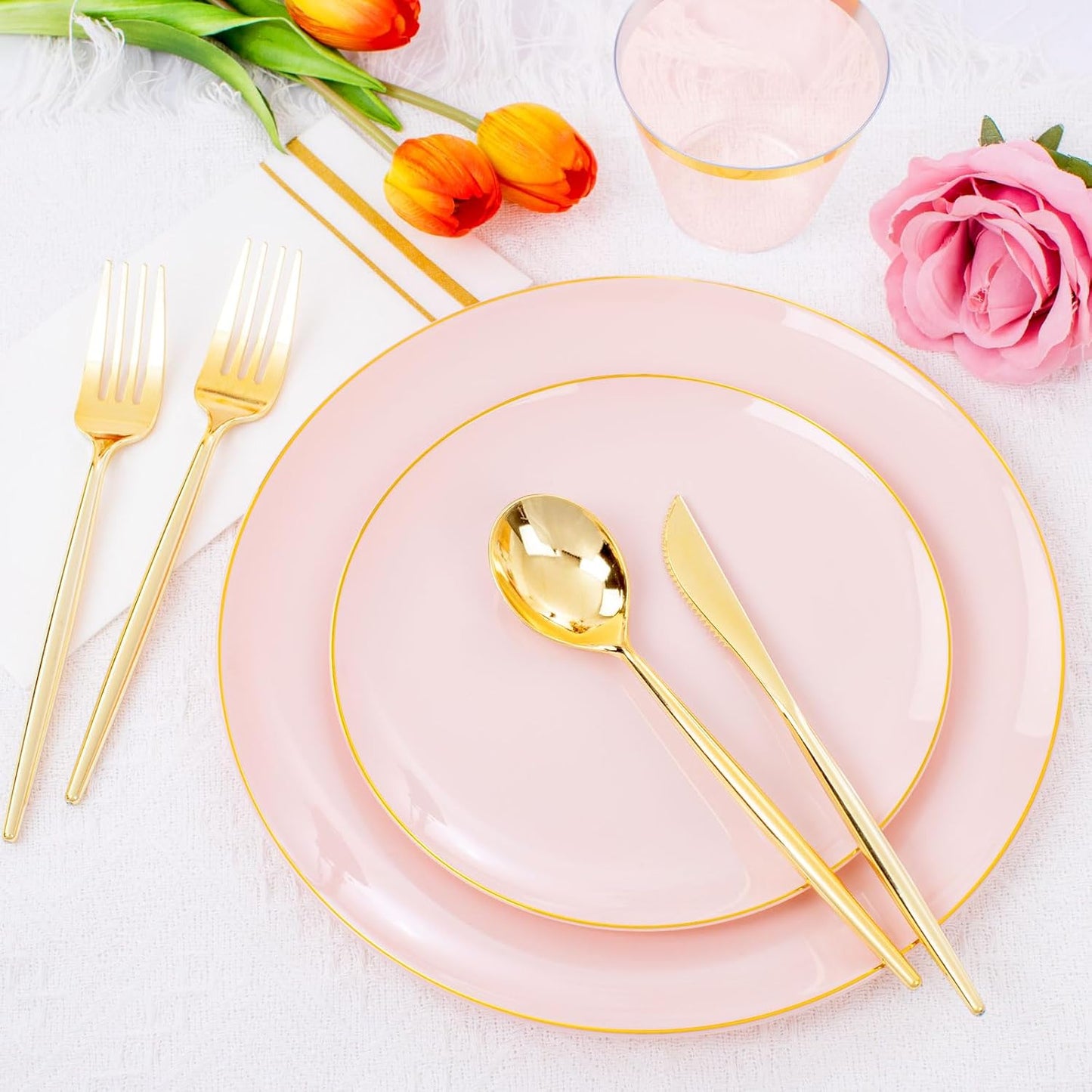 MirthMood 210PCS Pink Plastic Plates with Gold Rim – Plastic Plates Set Includes 30 Dinner,30 Dessert Plate,30 Cup&30 Napkins 90 Gold Silverware for Wedding Birthday Parties & Baby Shower
