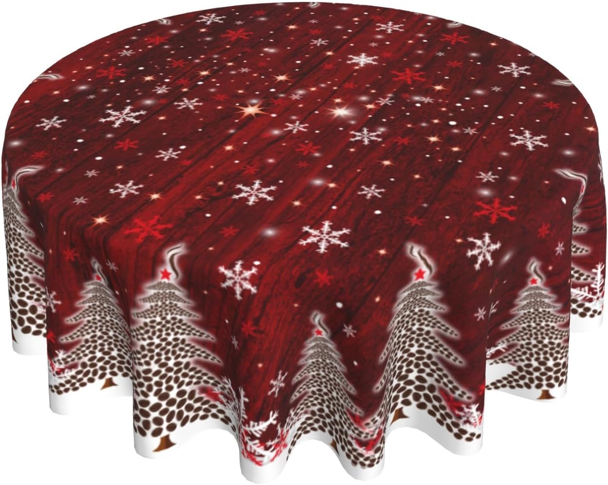 Giwawa Christmas Round Tablecloth for Kitchen Dining, 60Inch Red White Xmas Trees Wood Board Table Cloth, Winter Snowflakes Fabric Non-Slip Table Cover for Holiday New Year Picnic Decor