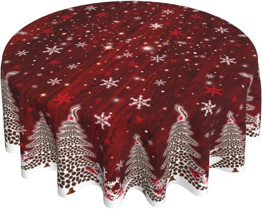 Giwawa Christmas Round Tablecloth for Kitchen Dining, 60Inch Red White Xmas Trees Wood Board Table Cloth, Winter Snowflakes Fabric Non-Slip Table Cover for Holiday New Year Picnic Decor