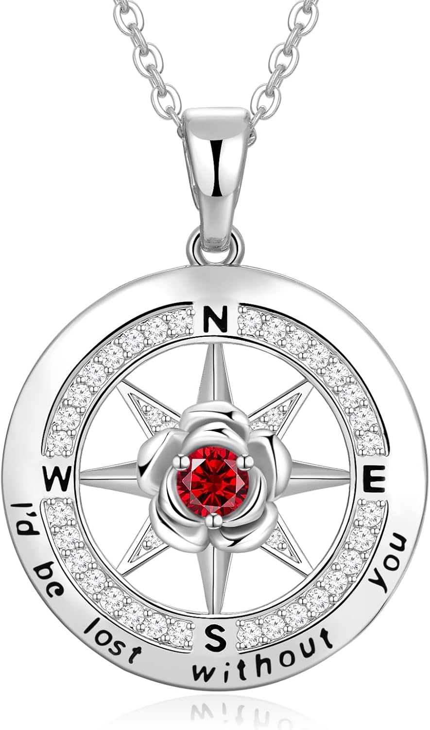 Silver Compass Necklace for Women Birthday Gifts for Wife Anniversary Necklace for Women Rose Flower Birthstone Necklaces for Wife Jewelry for Womens Girlfriend Mom Daughter