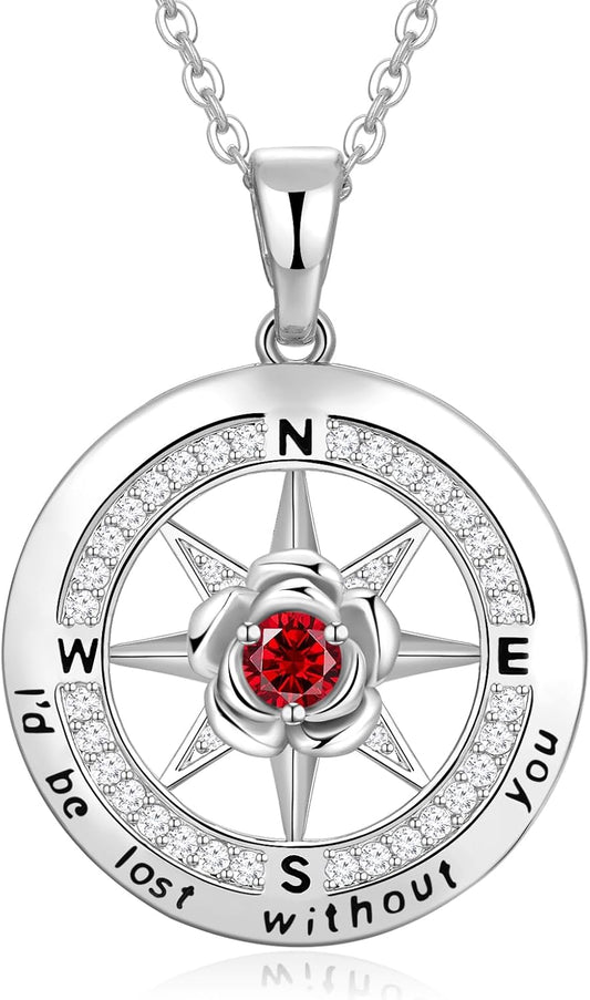 Silver Compass Necklace for Women Birthday Gifts for Wife Anniversary Necklace for Women Rose Flower Birthstone Necklaces for Wife Jewelry for Womens Girlfriend Mom Daughter