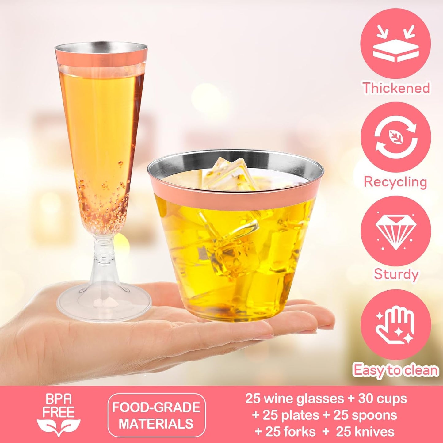 JIURUN 150PCS Rose Gold Plastic Plates Set for 25 Guests, Disposable Dinnerware Set of 25 Dinner, 25 Cups & Champagne Flutes Cups, 25 Spoons, Forks & 25 Knives for Birthday, Wedding & Party Supplies