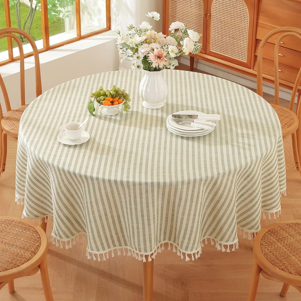 TruDelve Round Tablecloth 70 Inch Olive Green Striped Cloth Tablecloths Spring Outdoor Table Cloth Round Cover (Green,70",Round)
