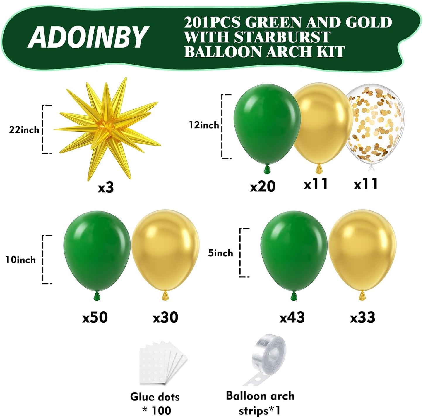 201Pcs Green and Gold Balloon Arch Kit, Explosion Star Emerald Dark Green Metallic Gold Latex Balloon Garland Kit, Different Size Balloons for Birthday Baby Shower Jungle Party Decoration