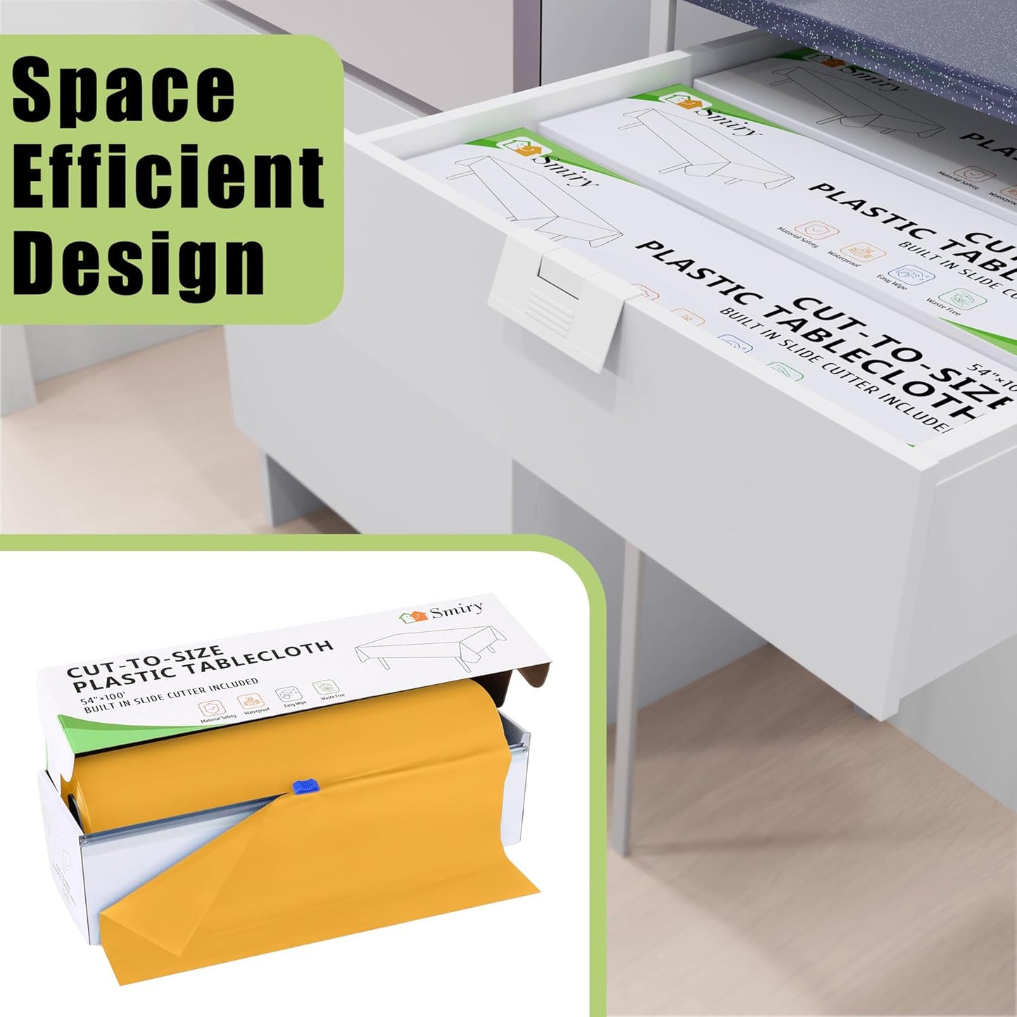 Smiry 54 Inch x 300 Feet Disposable Table Cover Roll, Mustard Yellow Plastic Table Cloth in Cut-to-Size Box with Slide Cutter, Waterproof Rectangle Tablecloths for Weddings, Banquets, Outdoor