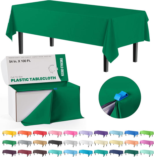 Party Solids 54 Inch X 100 Feet Emerald Green Plastic Table Cover Roll in A Cut - to - Size Box with Convenient Slide Cutter. Cuts Up to 12 Rectangle 8 Feet Plastic Disposable Tablecloths