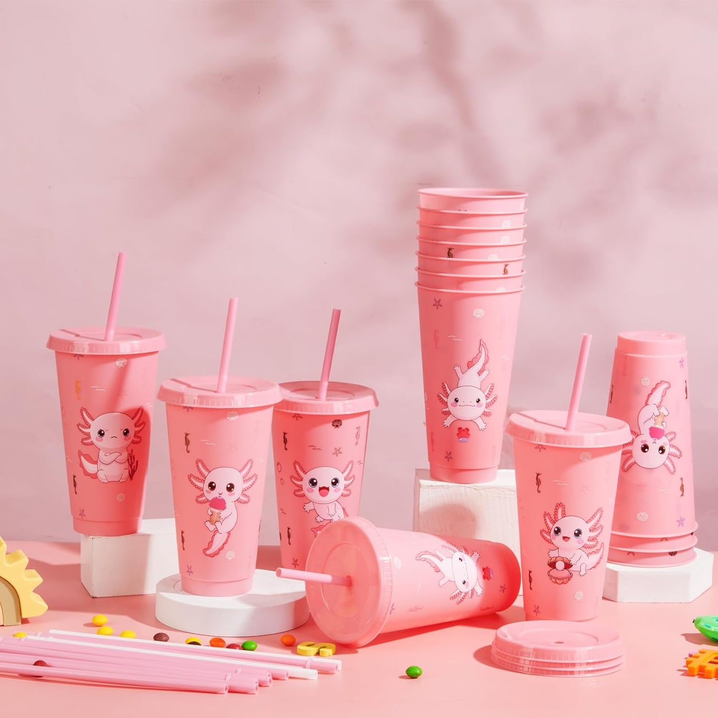 30 Pcs Pink Axolotl Party Favor Cute Axolotl Party Cups with Lid Straw 24 oz Plastic Drink Cups Reusable Bulk Axolotl Tumblers for Reptile Animals Theme Birthday Supplies Gifts