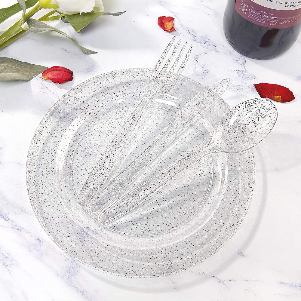 WDF 120PCS Silver Plastic Plates- Disposable Silver Glitter Plates, Premium Heavy Duty 60-10.25" Dinner Plates and 60-7.5" Salad Plates for Christmas Parties &Wedding