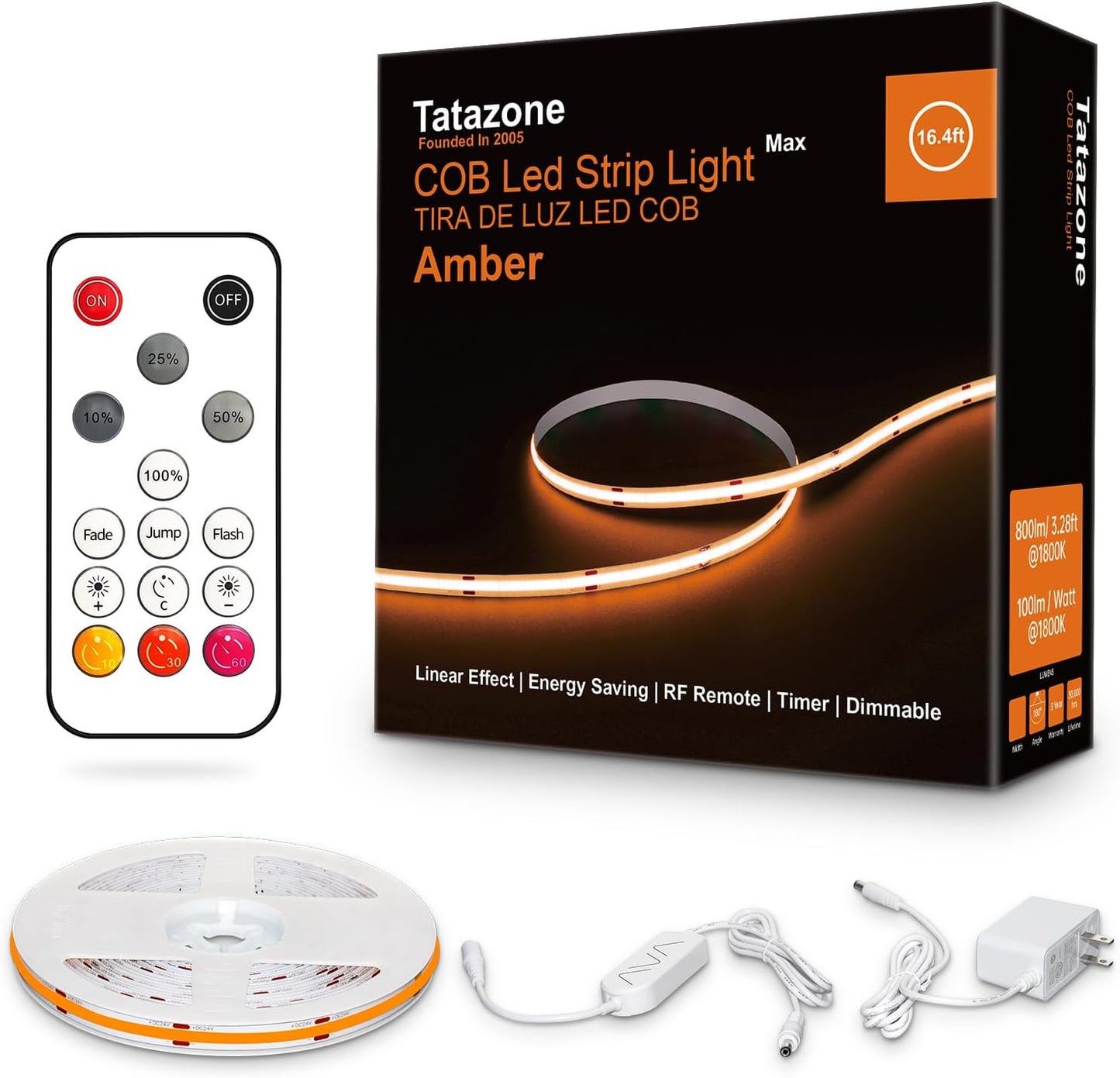 16.4ft 1800K COB Led Strip Lights with RF Remote, Dimmable Bright Adhesive Indoor Amber Led COB Light Strip for Cabinet, Painting, Room, Bed