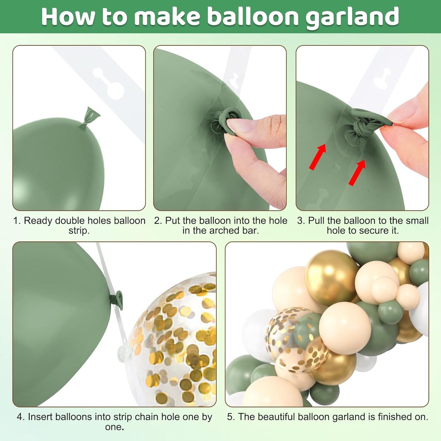 Amandir 153pcs Sage Green Balloon Garland Arch Kit, Different Sizes 18 12 10 5 inch Green Blush Gold Latex Metallic Confetti Gold Balloons for Birthday Baby Shower Wedding Safari Forest Decorations