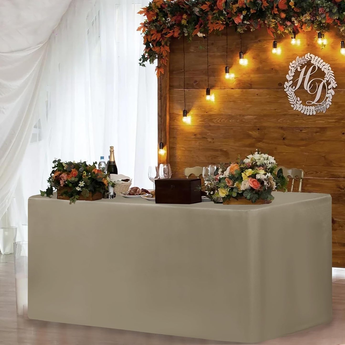HolidayIdeas 2 Pack Fitted Tableclothes - 48 x 24 Inch - Taupe Rectangle Tablecloths for 4 Foot Tables, Polyester Fabric Table Covers for Parties, Holiday Dinner, Wedding, Trade Show