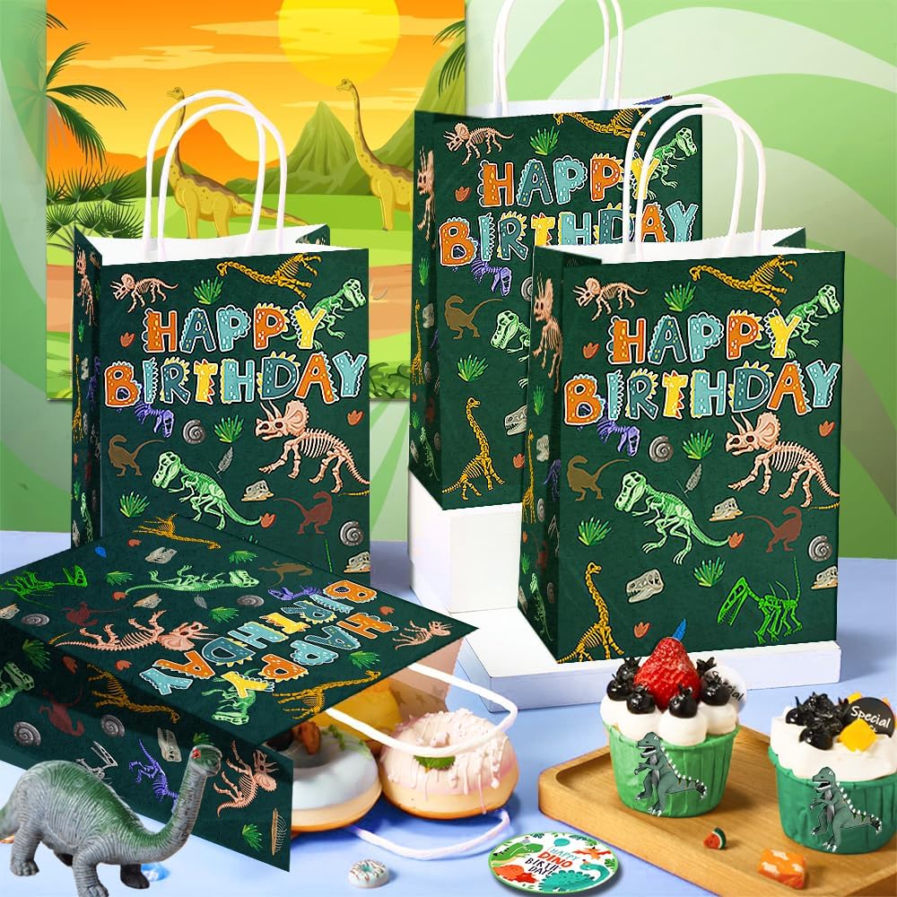 24 Pcs Dinosaur Goodie Bags with Handles - T rex Dino Theme Candy Party Favor Gift Kraft Paper Bags for Kids Boys, Birthday Party Supplies, and Baby Shower Decorations.