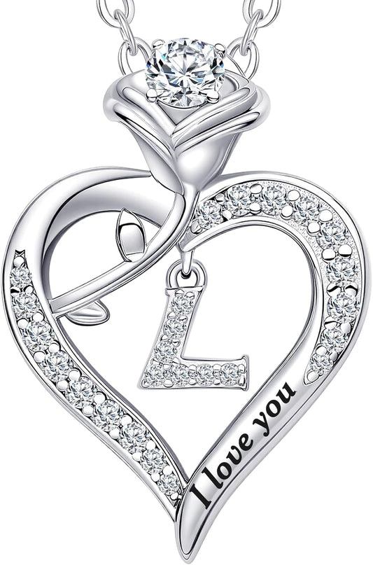 Rose Heart Pendant Necklace Gifts for Wife, Engraved 'I love you' Gift for Wife Girlfriend, Anniversary Birthday Eternity Jewelry Present for Women, Moissanite Necklace Gift for Her