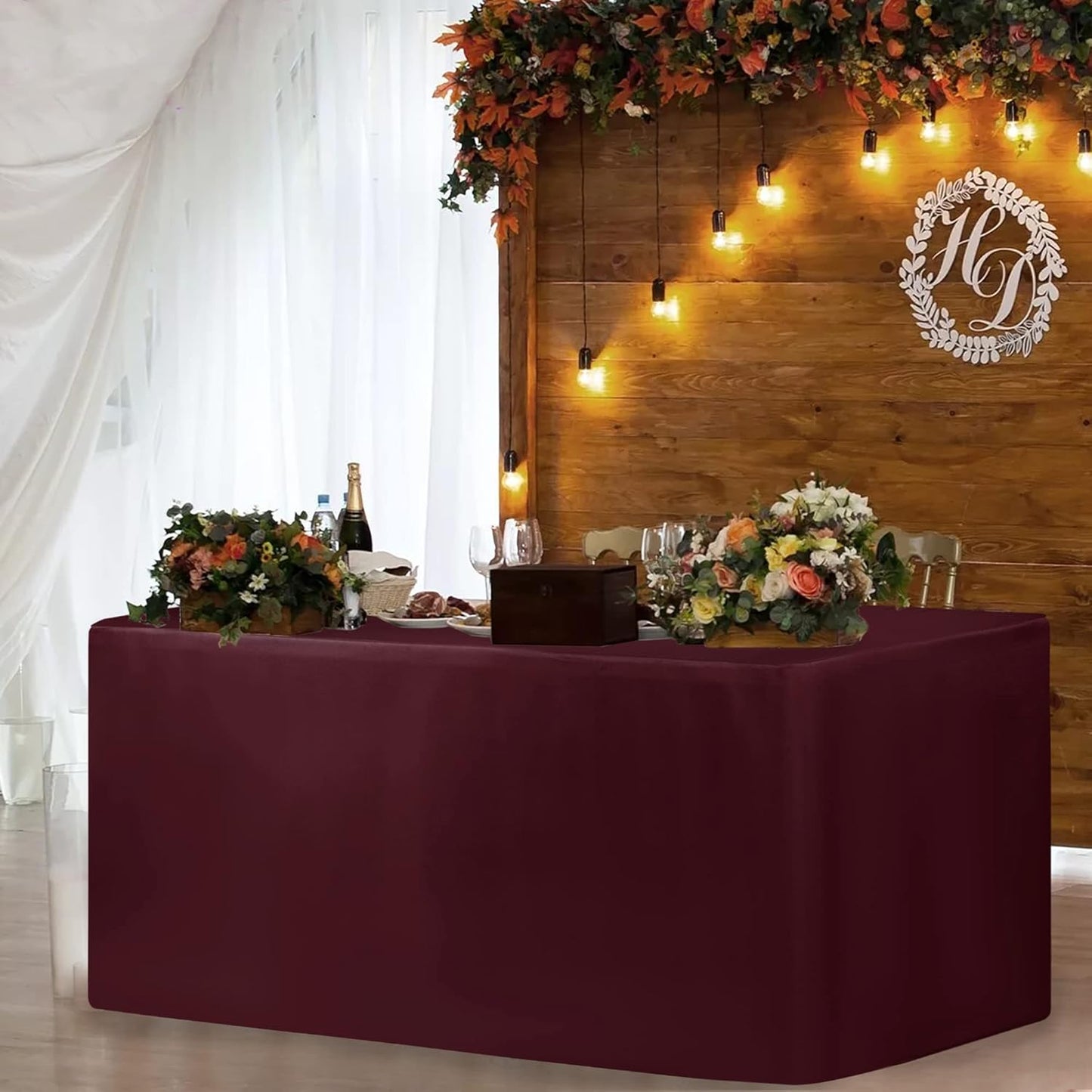 HolidayIdeas Fitted Burgundy Tableclothes - 96 x 30 Inch - 2 Pack Rectangle Tablecloths for 8 Foot Tables, Polyester Fabric Table Covers for Parties, Holiday Dinner, Trade Show